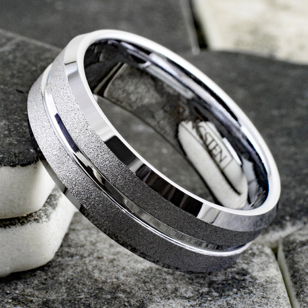 Dazzling Mirror Polished Silver Tungsten Ring with Sparkling Sand Blast Outer Band, Recessed Polished Groove, and Beveled Edges.