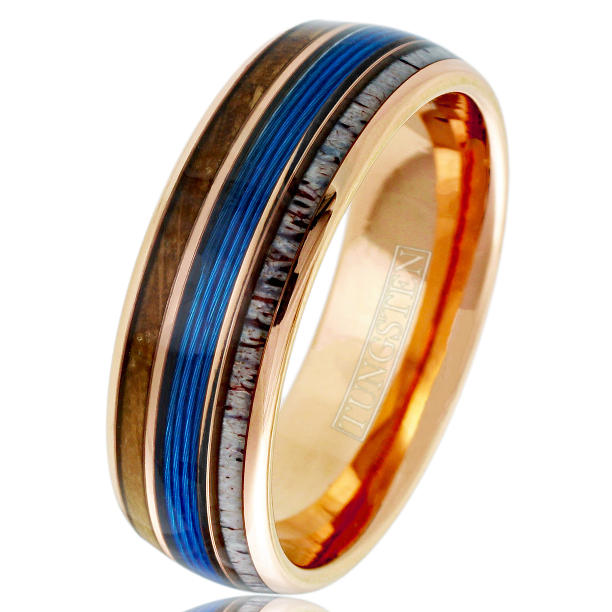 Gorgeous Polished Rose Gold Tungsten Low Dome Ring with Blue Real Fishing Line Between Whiskey Barrel Oak Wood and Deer Antler Inlays.