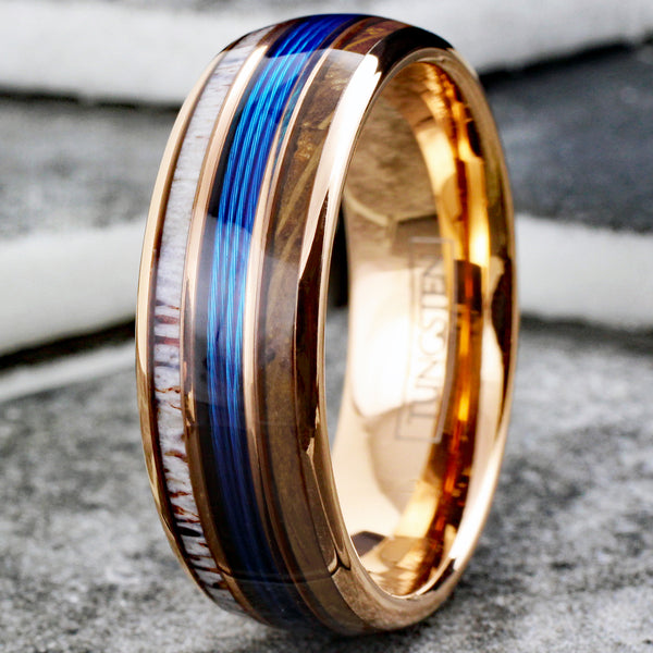 Gorgeous Polished Rose Gold Tungsten Low Dome Ring with BLUE Real Fishing Line Between Whiskey Barrel Oak Wood and Deer Antler Inlays.