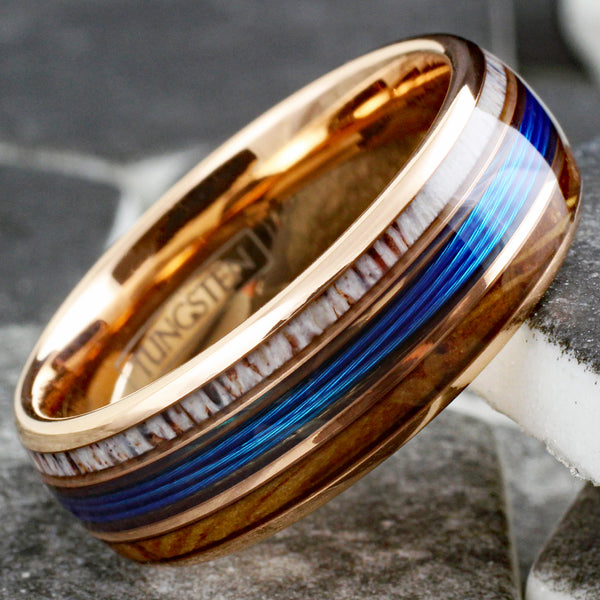 Gorgeous Polished Rose Gold Tungsten Low Dome Ring with BLUE Real Fishing Line Between Whiskey Barrel Oak Wood and Deer Antler Inlays.