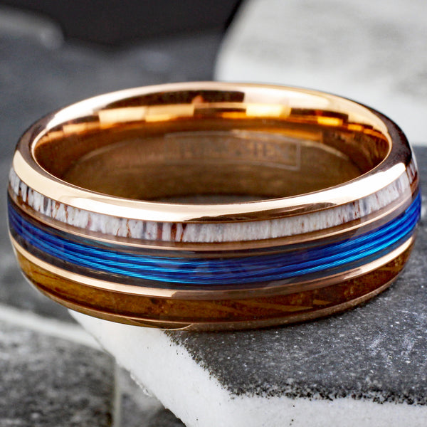 Gorgeous Polished Rose Gold Tungsten Low Dome Ring with BLUE Real Fishing Line Between Whiskey Barrel Oak Wood and Deer Antler Inlays.
