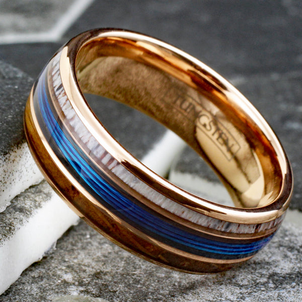 Gorgeous Polished Rose Gold Tungsten Low Dome Ring with BLUE Real Fishing Line Between Whiskey Barrel Oak Wood and Deer Antler Inlays.
