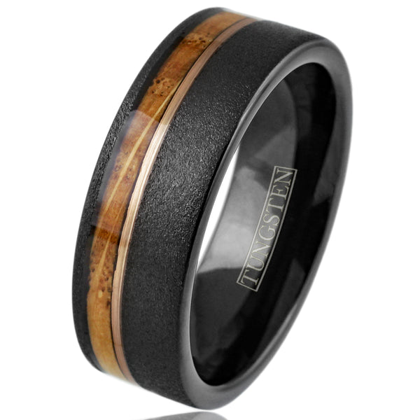 Awesome Sand Finish Black Flat Band Tungsten Ring With Asymmetrical Rose Gold Stripe And Whiskey Barrel Oak Wood Inlay.