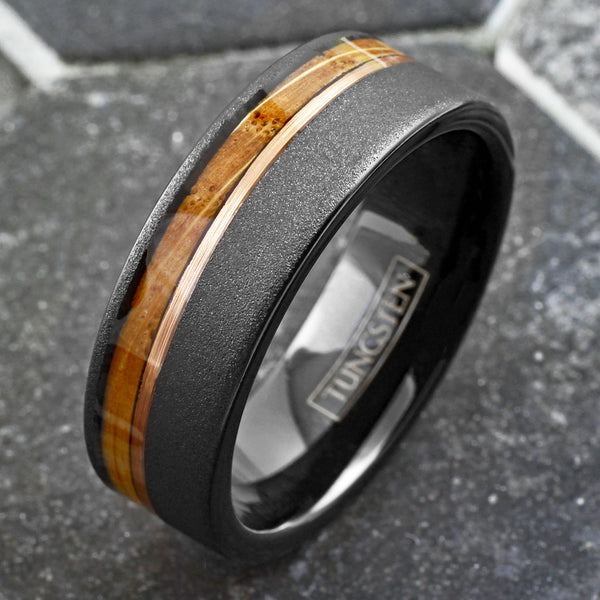 Awesome Sand Finish Black Flat Band Tungsten Ring With Asymmetrical Rose Gold Stripe And Whiskey Barrel Oak Wood Inlay.