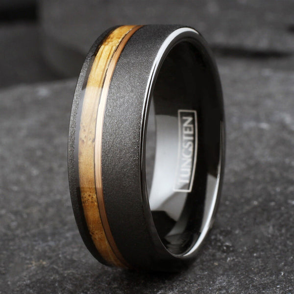 Awesome Sand Finish Black Flat Band Tungsten Ring With Asymmetrical Rose Gold Stripe And Whiskey Barrel Oak Wood Inlay.