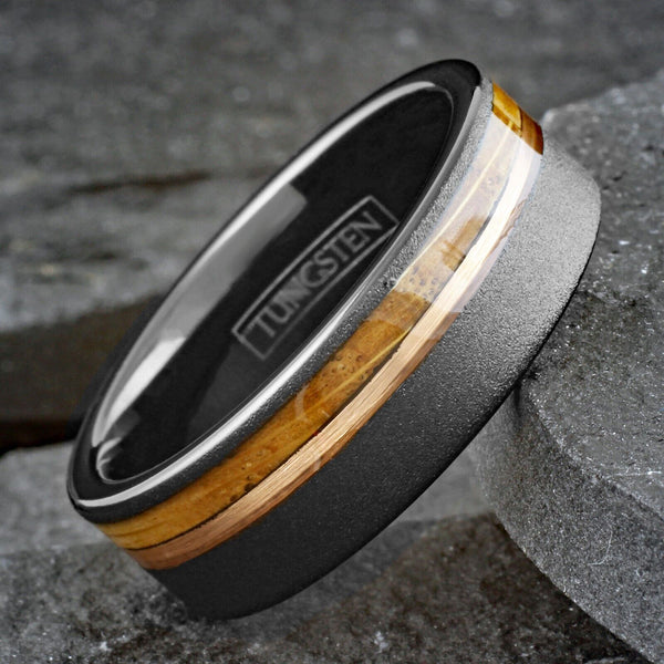 Awesome Sand Finish Black Flat Band Tungsten Ring With Asymmetrical Rose Gold Stripe And Whiskey Barrel Oak Wood Inlay.