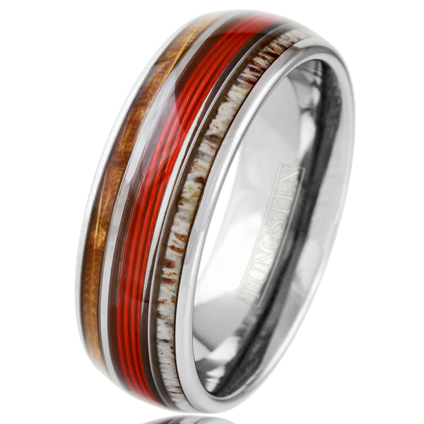 Spectacular Mirror Polished Silver Tungsten Low Dome Ring with RED Real Fishing Line Between Whiskey Barrel Oak Wood and Deer Antler Inlays.