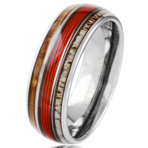 Spectacular Mirror Polished Silver Tungsten Low Dome Ring with RED Real Fishing Line Between Whiskey Barrel Oak Wood and Deer Antler Inlays.