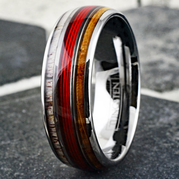 Spectacular Mirror Polished Silver Tungsten Low Dome Ring with RED Real Fishing Line Between Whiskey Barrel Oak Wood and Deer Antler Inlays.