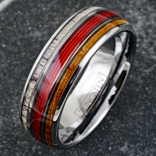 Spectacular Mirror Polished Silver Tungsten Low Dome Ring with RED Real Fishing Line Between Whiskey Barrel Oak Wood and Deer Antler Inlays.