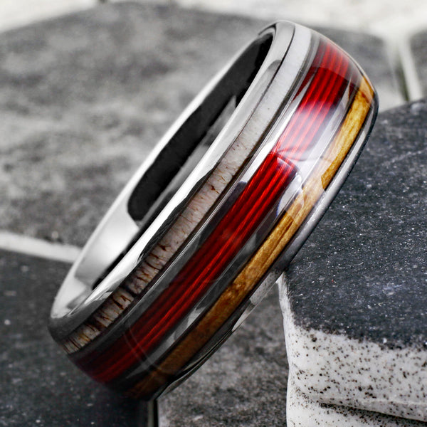 Spectacular Mirror Polished Silver Tungsten Low Dome Ring with RED Real Fishing Line Between Whiskey Barrel Oak Wood and Deer Antler Inlays.
