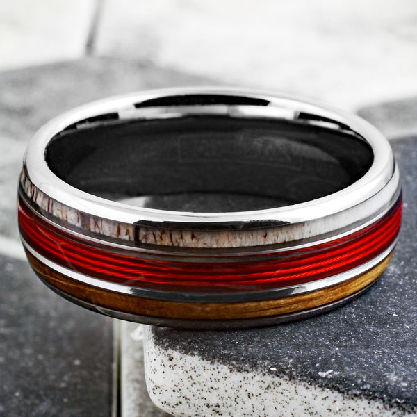 Spectacular Mirror Polished Silver Tungsten Low Dome Ring with RED Real Fishing Line Between Whiskey Barrel Oak Wood and Deer Antler Inlays.