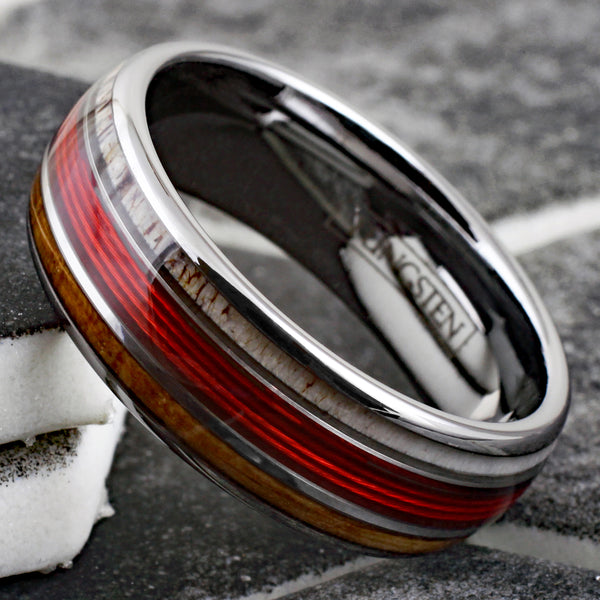 Spectacular Mirror Polished Silver Tungsten Low Dome Ring with RED Real Fishing Line Between Whiskey Barrel Oak Wood and Deer Antler Inlays.