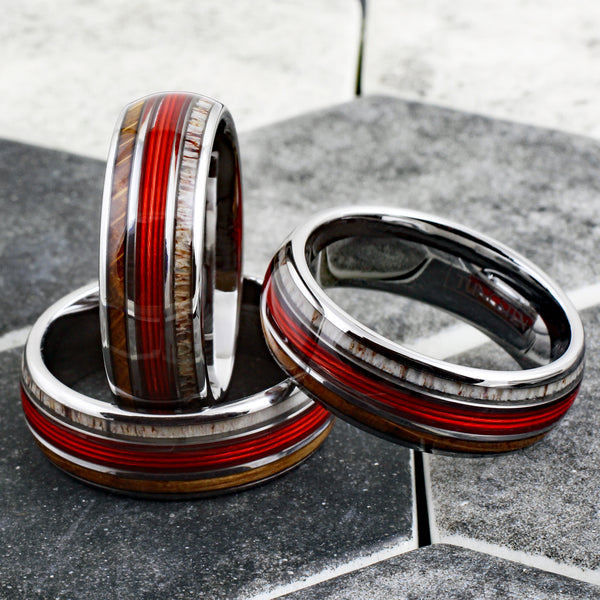Spectacular Mirror Polished Silver Tungsten Low Dome Ring with RED Real Fishing Line Between Whiskey Barrel Oak Wood and Deer Antler Inlays.
