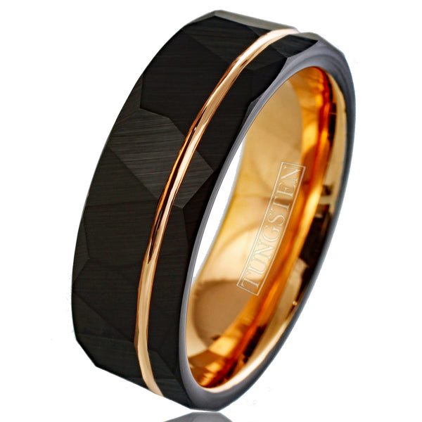 Stunning Two-Tone Black Faceted Low Dome Tungsten Band Ring w/ Rose Gold Inner Band & Off-Center Recessed Rose Gold Stripe.