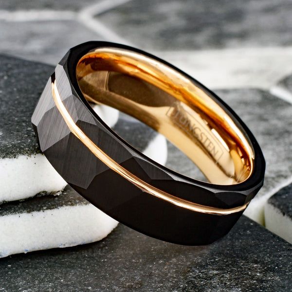 Stunning Two-Tone Black Faceted Low Dome Tungsten Band Ring w/ Rose Gold Inner Band & Off-Center Recessed Rose Gold Stripe.