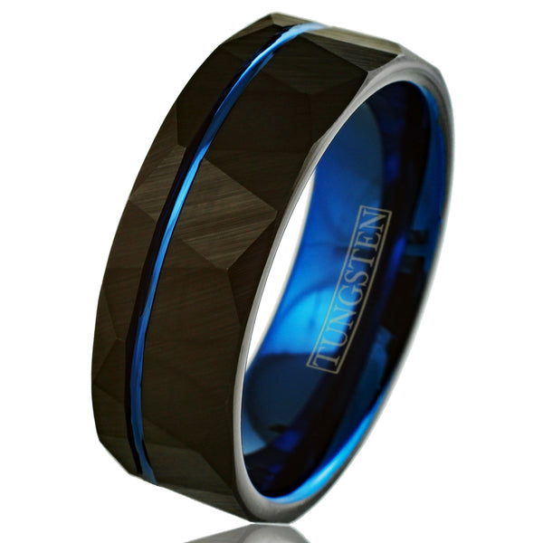 Awesome Two-Tone Black Rock Faceted Low Dome Tungsten Band Ring w/ Cobalt Blue Inner Band & Recessed Thin Blue Line Stripe.