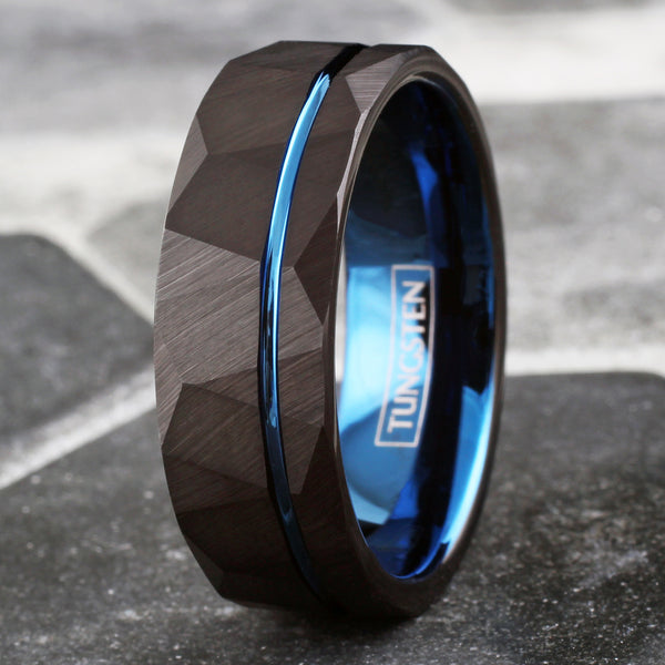 Awesome Two-Tone Black Rock Faceted Low Dome Tungsten Band Ring w/ Cobalt Blue Inner Band & Recessed Thin Blue Line Stripe.