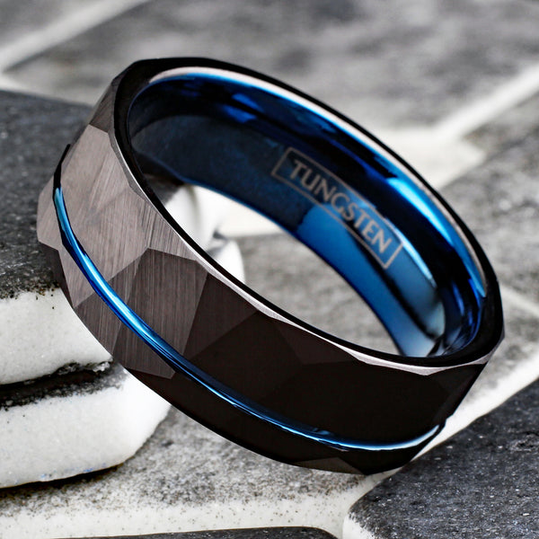 Awesome Two-Tone Black Rock Faceted Low Dome Tungsten Band Ring w/ Cobalt Blue Inner Band & Recessed Thin Blue Line Stripe.
