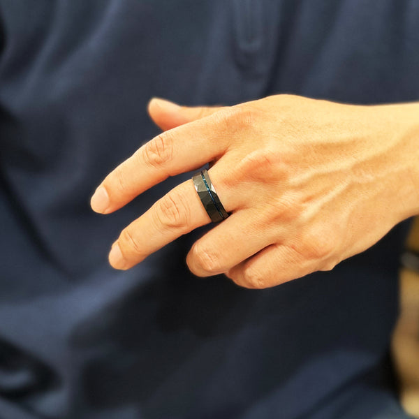 Awesome Two-Tone Black Rock Faceted Low Dome Tungsten Band Ring w/ Cobalt Blue Inner Band & Recessed Thin Blue Line Stripe.