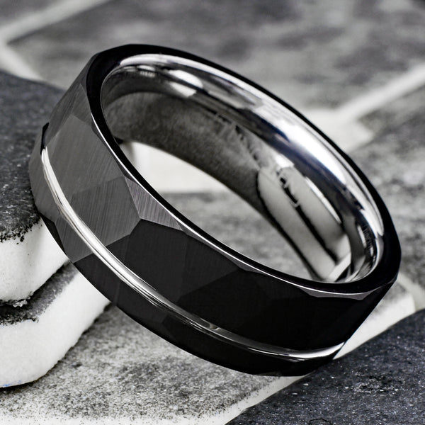 Awesome Two-Tone Black Faceted Low Dome Tungsten Band Ring w/ Silver Inner Band & Off-Center Recessed Silver Stripe.