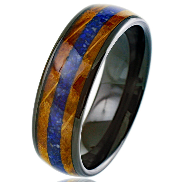 Unique Polished Black Low Dome Tungsten Ring with Blue Lapis Lazuli Between Whiskey Barrel Oak Wood Inlays.