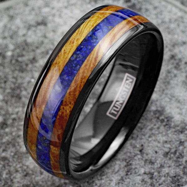 Unique Polished Black Low Dome Tungsten Ring with Blue Lapis Lazuli Between Whiskey Barrel Oak Wood Inlays.