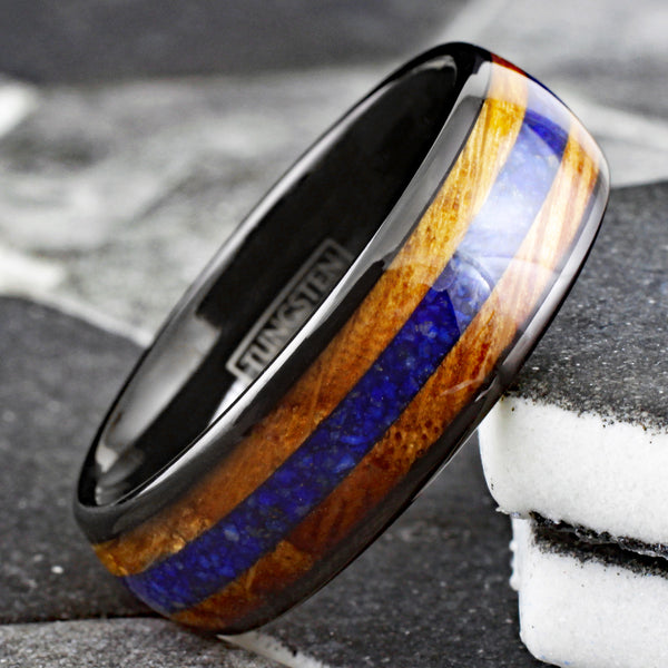Unique Polished Black Low Dome Tungsten Ring with Blue Lapis Lazuli Between Whiskey Barrel Oak Wood Inlays.