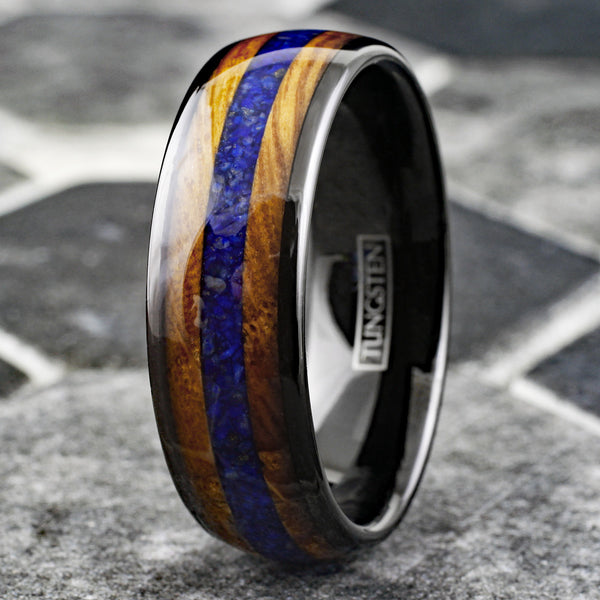 Unique Polished Black Low Dome Tungsten Ring with Blue Lapis Lazuli Between Whiskey Barrel Oak Wood Inlays.