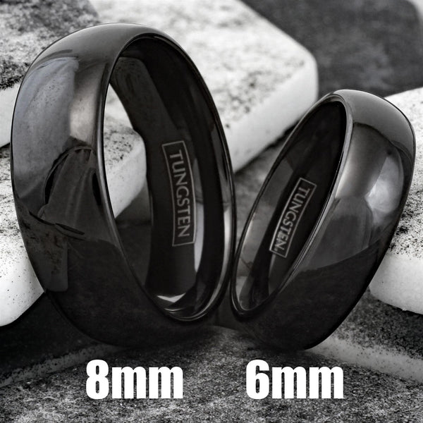 Classic Black Tungsten Polished Domed Wedding Band Available in 6mm And 8mm Widths. For Men and Women.