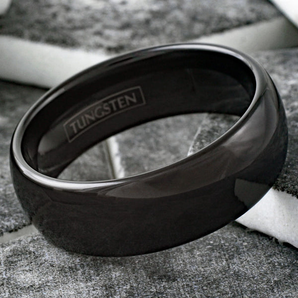 Classic Black Tungsten Polished Domed Wedding Band Available in 6mm And 8mm Widths. For Men and Women.