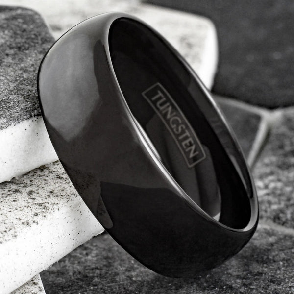 Classic Black Tungsten Polished Domed Wedding Band Available in 6mm And 8mm Widths. For Men and Women.