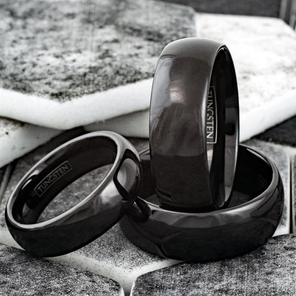 Classic Black Tungsten Polished Domed Wedding Band Available in 6mm And 8mm Widths. For Men and Women.