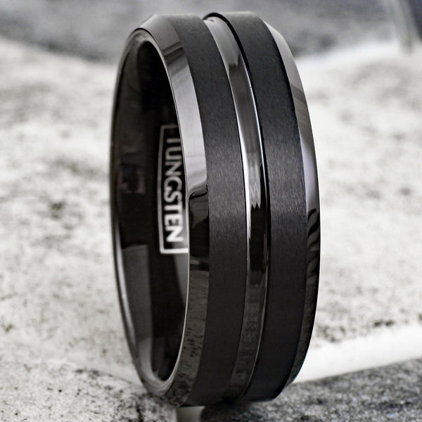 Classic Satin Black Tungsten Ring with Polished Recessed Center Channel and Chamfered Edges. Couple ring