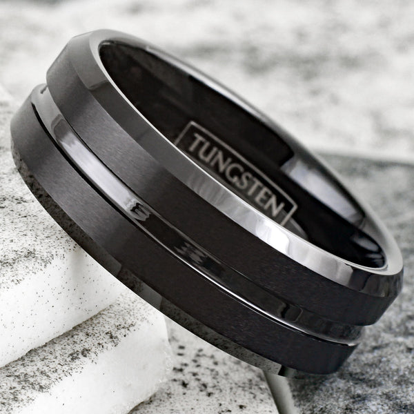 Classic Satin Black Tungsten Ring with Polished Recessed Center Channel and Chamfered Edges. Couple ring