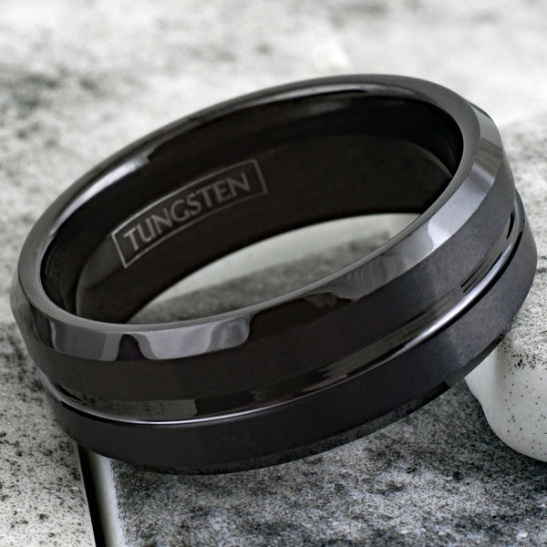 Classic Satin Black Tungsten Ring with Polished Recessed Center Channel and Chamfered Edges. Couple ring