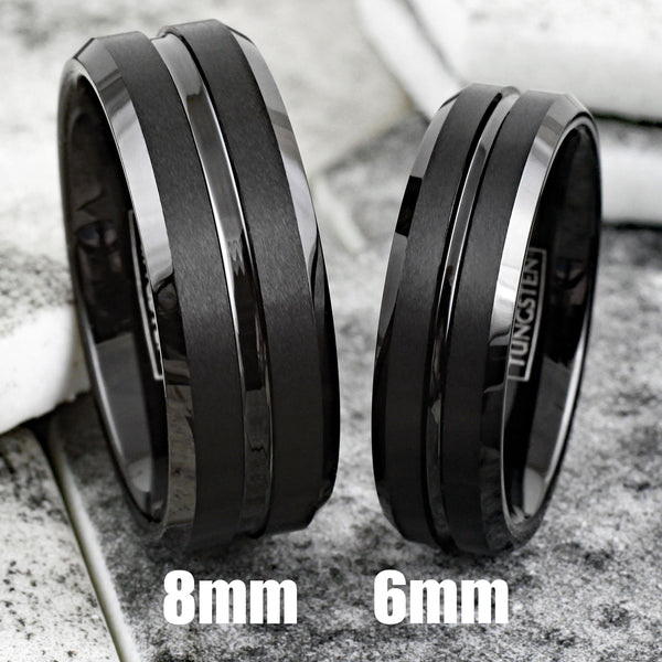 Classic Satin Black Tungsten Ring with Polished Recessed Center Channel and Chamfered Edges. Couple ring