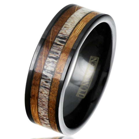 Gorgeous Polished Black Tungsten Flat Band Ring with Cool Deer Antler Inlay Between Whiskey Barrel Oak Wood Inlays.