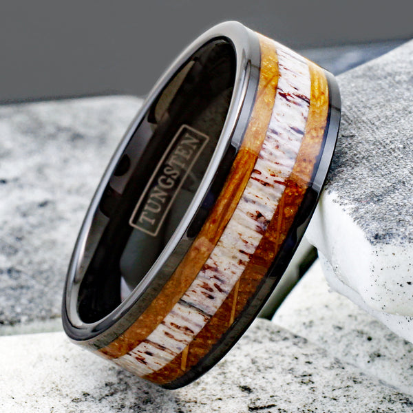 Gorgeous Polished Black Tungsten Flat Band Ring with Cool Deer Antler Inlay Between Whiskey Barrel Oak Wood Inlays.