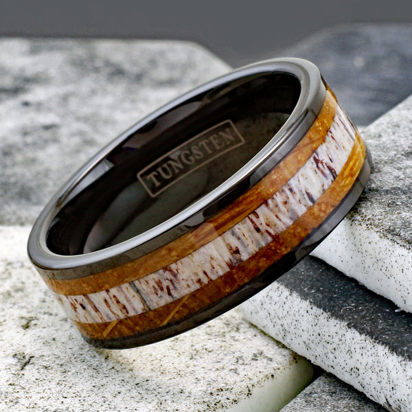 Gorgeous Polished Black Tungsten Flat Band Ring with Cool Deer Antler Inlay Between Whiskey Barrel Oak Wood Inlays.