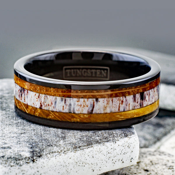 Gorgeous Polished Black Tungsten Flat Band Ring with Cool Deer Antler Inlay Between Whiskey Barrel Oak Wood Inlays.