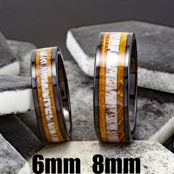 Gorgeous Polished Black Tungsten Flat Band Ring with Cool Deer Antler Inlay Between Whiskey Barrel Oak Wood Inlays.