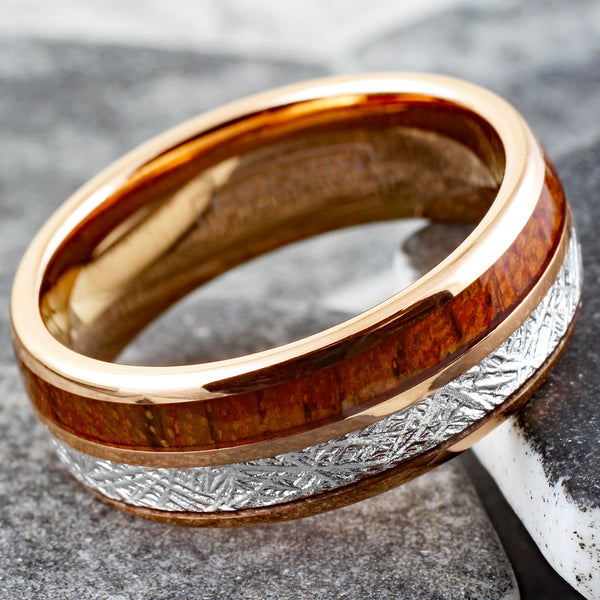 Exquisite Rose Gold Tungsten Dome Ring w/ Awesome Faux Meteorite and Classy Koa Wood Inlays. Available in 6mm & 8mm widths.