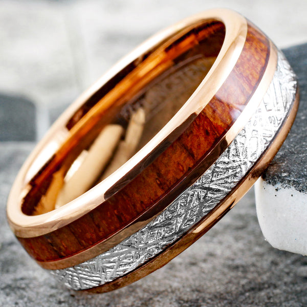 Exquisite Rose Gold Tungsten Dome Ring w/ Awesome Faux Meteorite and Classy Koa Wood Inlays. Available in 6mm & 8mm widths.