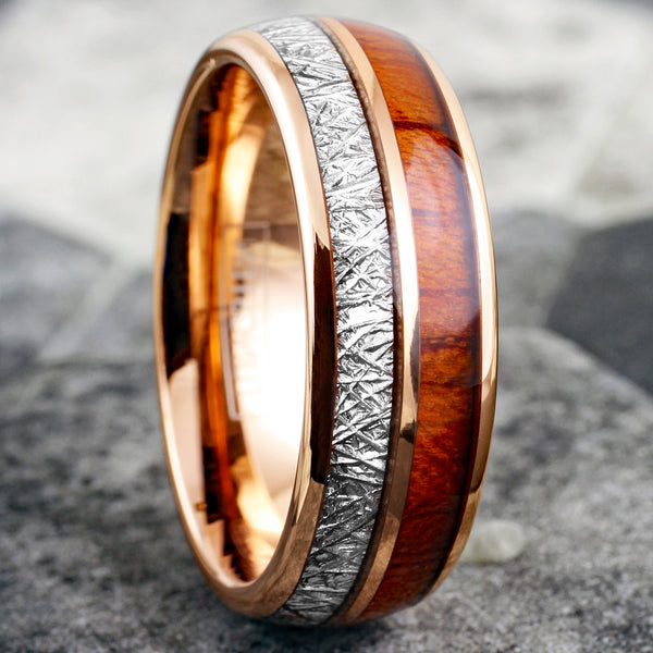 Exquisite Rose Gold Tungsten Dome Ring w/ Awesome Faux Meteorite and Classy Koa Wood Inlays. Available in 6mm & 8mm widths.