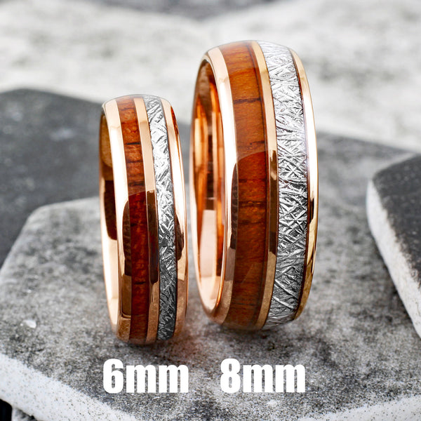 Exquisite Rose Gold Tungsten Dome Ring w/ Awesome Faux Meteorite and Classy Koa Wood Inlays. Available in 6mm & 8mm widths.
