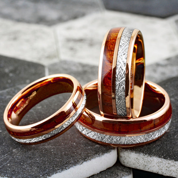 Exquisite Rose Gold Tungsten Dome Ring w/ Awesome Faux Meteorite and Classy Koa Wood Inlays. Available in 6mm & 8mm widths.