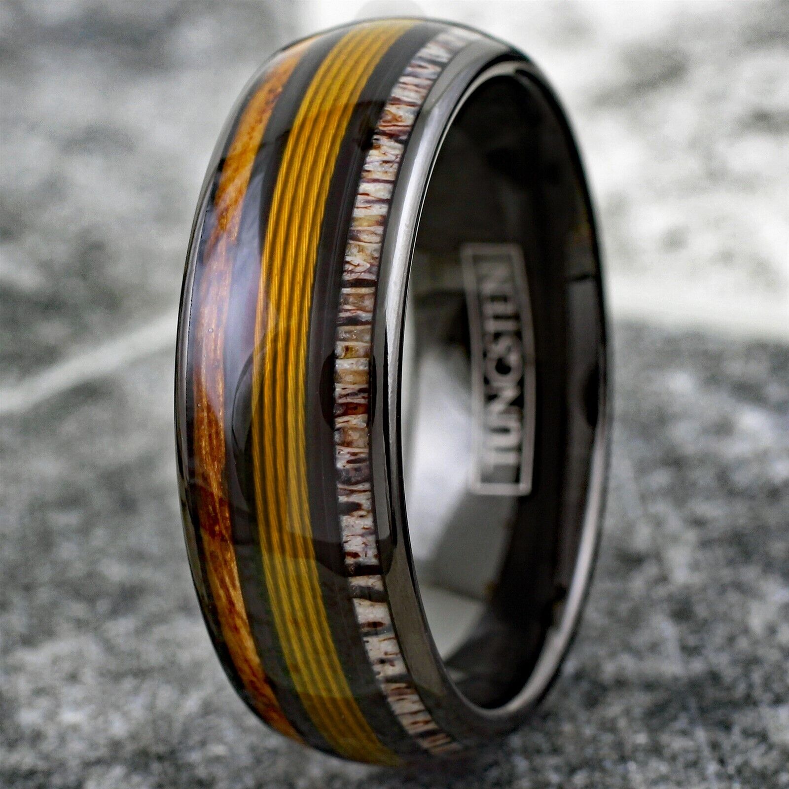 Cool Polished Black Tungsten Low Dome Ring with Gorgeous Gold Real Fishing Line Between Whiskey Barrel Oak Wood and Deer Antler Inlays.