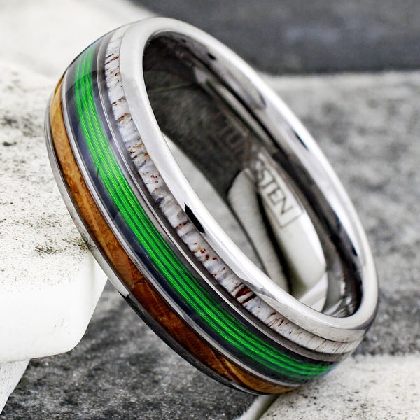 Beautiful Magnificent Polished Silver Tungsten Low Dome Ring with GREEN Real Fishing Line Between Whiskey Barrel Oak Wood and Deer Antler Inlays.