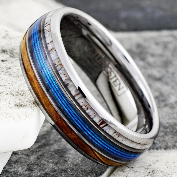 Stunning Mirror Polished Silver Tungsten Low Dome Ring with BLUE Real Fishing Line Between Whiskey Barrel Oak Wood and Deer Antler Inlays.